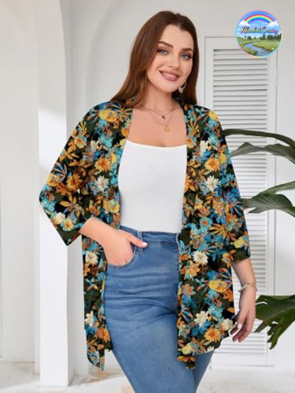 Plus Size Open Front Cardigan 3/4 Sleeve Lightweight Shrug - Picture 6 of 6